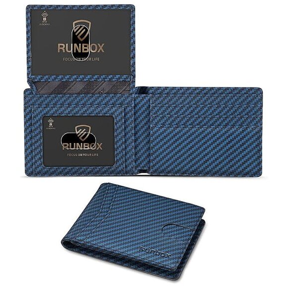 Wallet for Men Slim Rfid Leather 2 ID Window Weave Pattern Bicolor Black-Blue